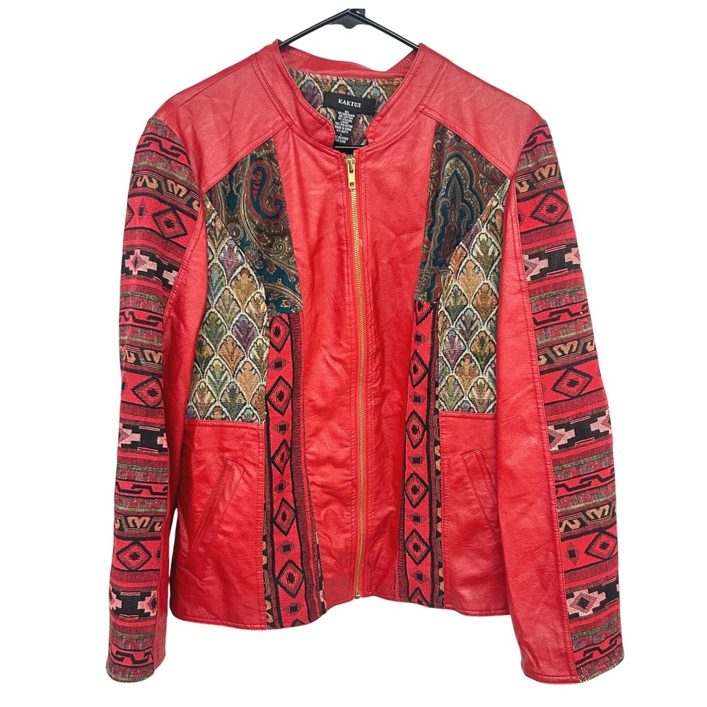 Southwestern Tapestry Faux Leather Jacket L Red Boho Ranch‎ Western Festival